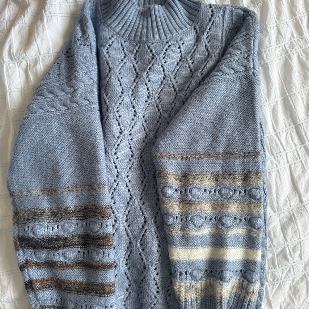 Christian Siriano Blue and Brown Cowl Neck Sweater